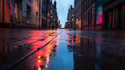 Atmospheric photo of empty Glasgow street at dawn with overcast sky and rain, captured from a low angle.