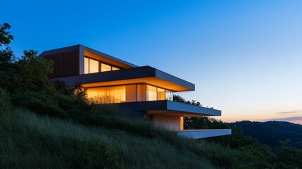Obraz premium Wide shot of villa in forest under warm evening light against blue sky