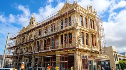 Fototapeta premium 34. A historic building being restored, with scaffolding and artisans carefully working on details