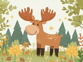 Fototapeta premium A cartoon moose is standing in a field of flowers