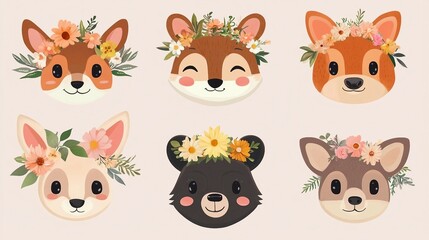 Obraz premium A set of six animal faces with flowers on their heads