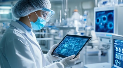 Researcher in sterile lab controls bioengineered cell cultures with digital tablet.
