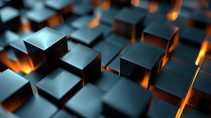 Obraz premium Abstract Pattern of Shiny Black Cubes with Warm Orange Glow