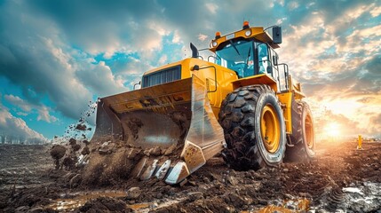 Yellow Excavator Digging Soil Under Cloudy Sky