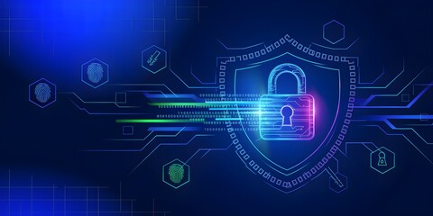 Obraz premium Futuristic Cybersecurity Digital Shield Concept with Neon Circuit Board Pattern