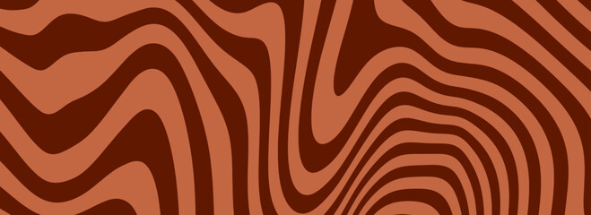 Retro coffee color background. Milk chocolate liquid desert texture. Wavy swirl candy pattern for poster, cover, banner, pamphlet. Vintage brown trippy hippie wallpaper in 60s or 70s style. Vector