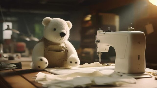 Polar bear sewing in a cozy workshop, wearing dungarees, creating with passion and precision. Evokes childhood dreams and imaginative play