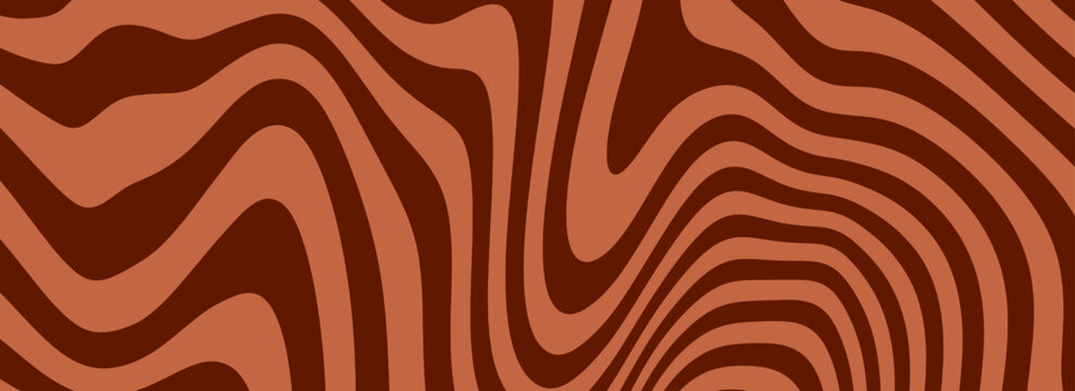 Retro coffee color background. Milk chocolate liquid desert texture. Wavy swirl candy pattern for poster, cover, banner, pamphlet. Vintage brown trippy hippie wallpaper in 60s or 70s style. Vector