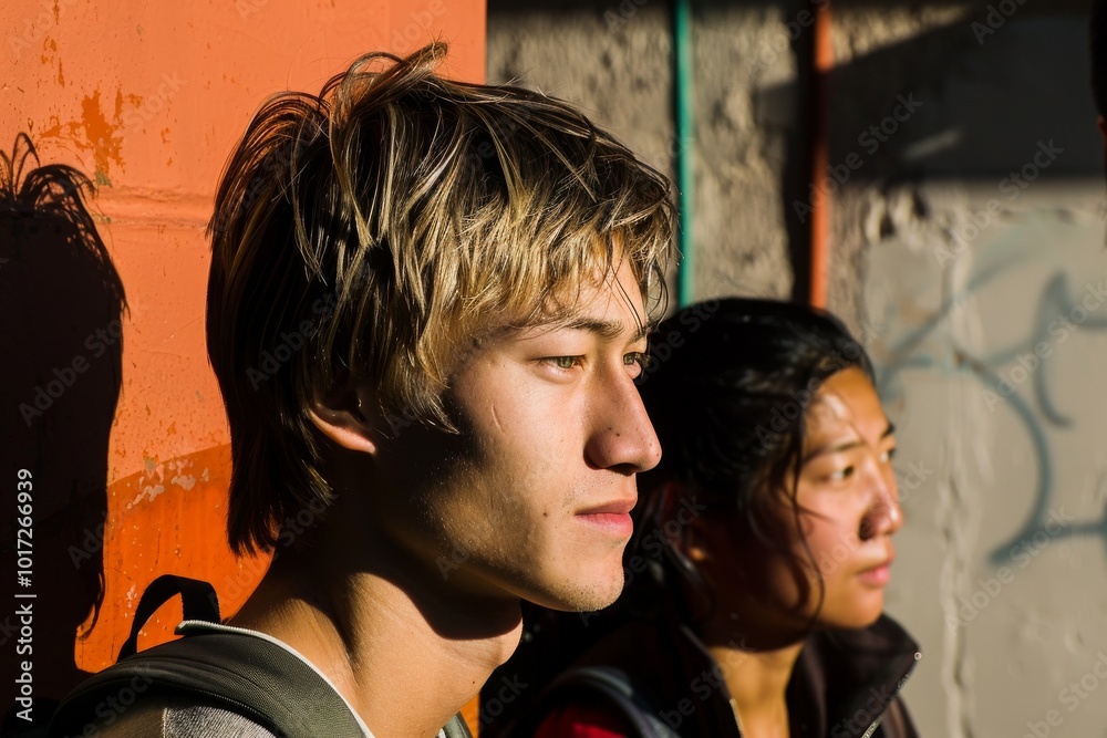 Sticker Portrait of a young man on the background of an orange wall