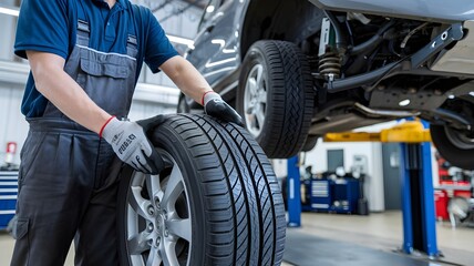 Mechanic in Gloves Inspecting Automobile Tire and Wheel in Repair Shop