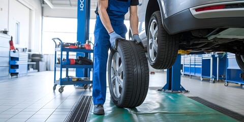 Fototapeta premium Mechanic Inspecting Tire in Clean Auto Repair Workshop