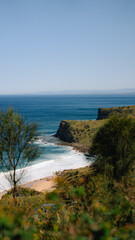 Fototapeta premium Lilyvale. Coastal View from Palm Jungle Loop Track, Royal National Park. Rugged Cliffs and Blue Ocean Waves Meeting the Rocky Shore. Burnings Palms Area, New South Wales, Australia