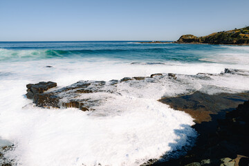 Lilyvale. Coastal View from Palm Jungle Loop Track, Royal National Park. Rugged Cliffs and Blue Ocean Waves Meeting the Rocky Shore. Burnings Palms Area, New South Wales,  Australia