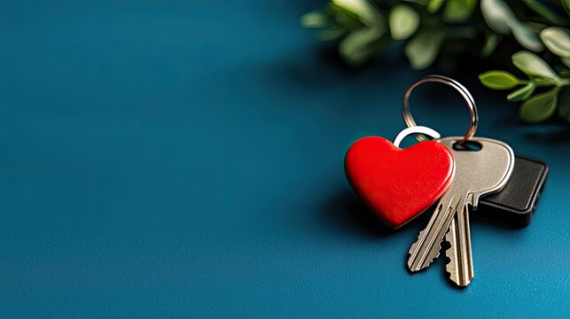 Keychain with heart shape key attached, set on a blue background