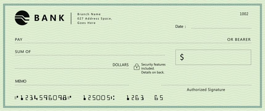 Bank check, vector blank money check, checkbook template with guilloche pattern and fields. Currency payment coupon, money check background