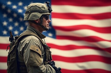 Soldier in tactical gear stands solemnly in front of a waving American flag during a commemorative event in the early morning light