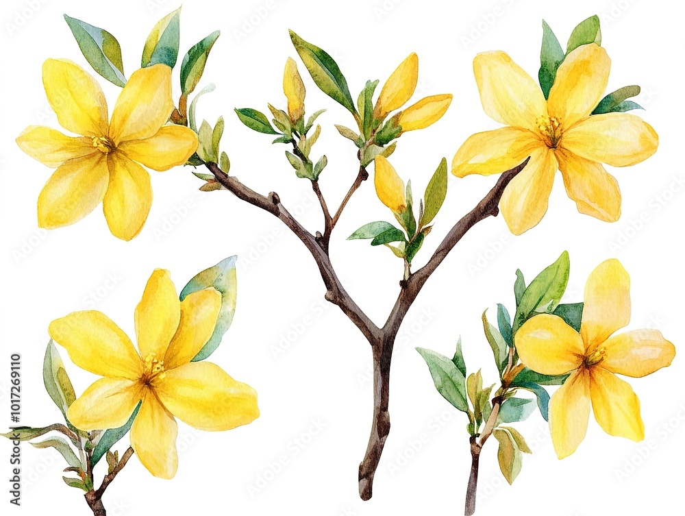 Wall mural Set of Forsythia flowers watercolor clipart isolated on white or transparent background 