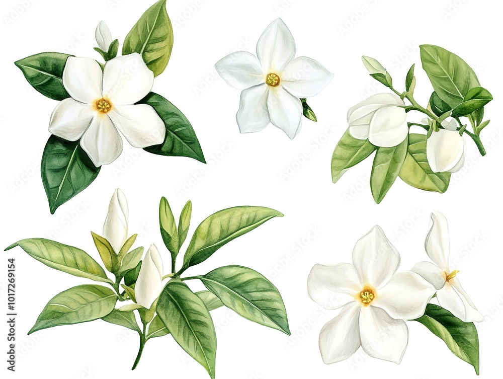 Wall mural Set of jasmine flowers watercolor clipart isolated on white background  