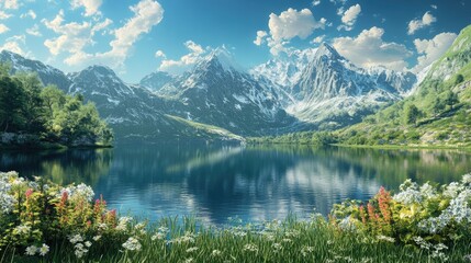 A breathtaking mountain scene with a calm lake, lush greenery, and a vibrant blue sky, reflecting nature's beauty, perfect for travel and outdoor themes
