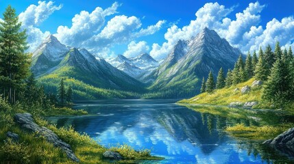 A breathtaking mountain scene with a calm lake, lush greenery, and a vibrant blue sky, reflecting nature's beauty, perfect for travel and outdoor themes