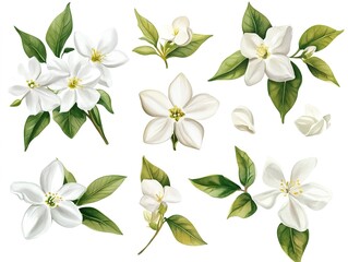 Set of jasmine flowers watercolor clipart isolated on white background