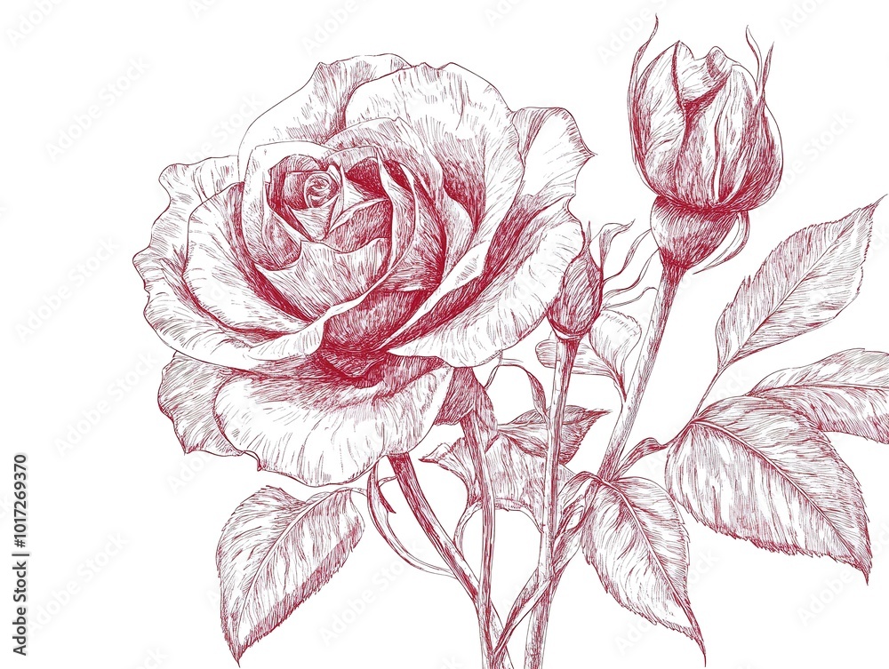 Wall mural A rose flower drawing with line-art on white background  