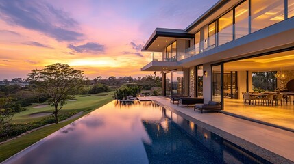 Fototapeta premium Modern luxury two-story house villa with pool and spacious balcony, glass windows, terrace overlooking the golf course at beautiful sunset. Modern architectural design home in the evening 