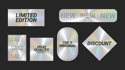Holographic stickers logos emblem labels color set. Limited Edition 100 original. For packaging product of promotional material. Sticker for clothes or accessories. Vector illustration.