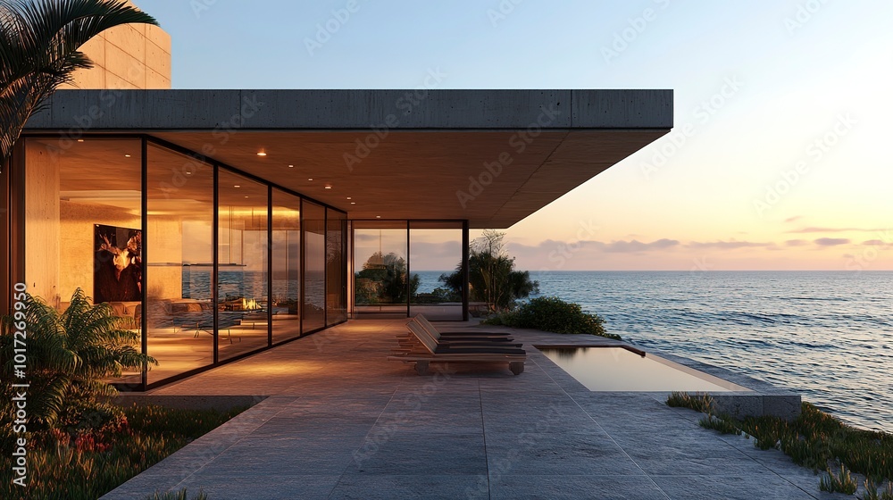 Wall mural A house with a large patio overlooking the ocean  