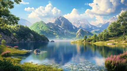A stunning landscape featuring mountains, lush greenery, and a calm lake reflecting the surroundings under a vibrant blue sky, ideal for nature themes