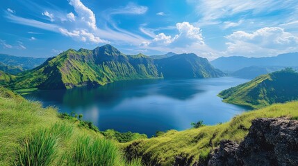 Fototapeta premium A stunning mountain view with a calm lake, green hills, and clear blue skies, creating a serene scene ideal for nature and travel photography