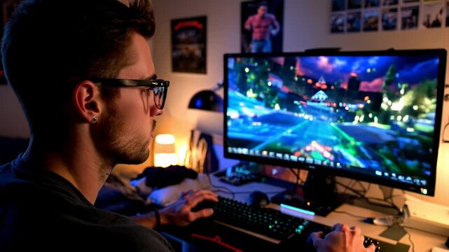 Gamer Focused on Playing Video Game in Dark Room. Video. Horizontal.