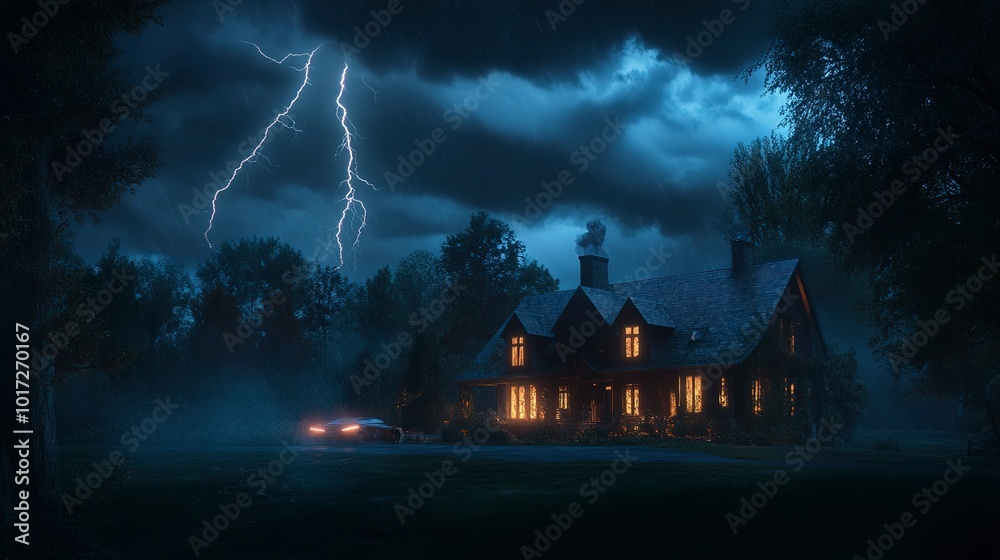 Wall mural Lighting storm over a suburban house  