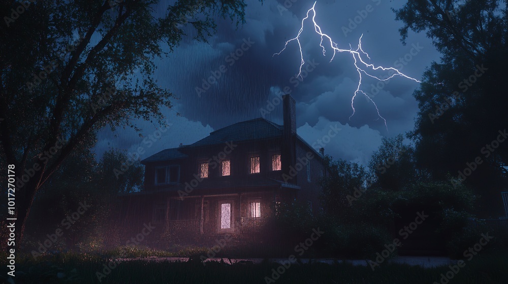 Poster Lighting storm over a suburban house 