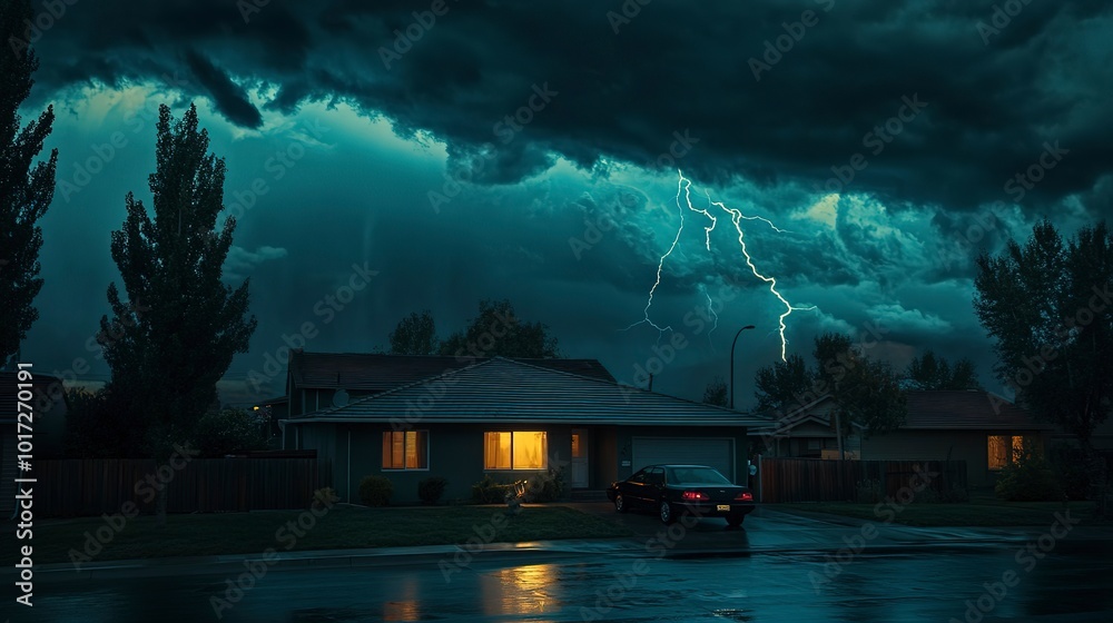 Canvas Prints Lighting storm over a suburban house  