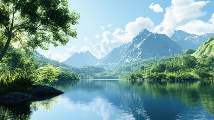 A tranquil mountain and lake view with lush greenery, clear skies, and the still waters reflecting the beauty of nature, perfect for travel themes