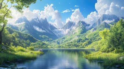 A tranquil mountain landscape with lush greenery, a still lake reflecting the sky, and stunning mountain peaks under clear blue skies