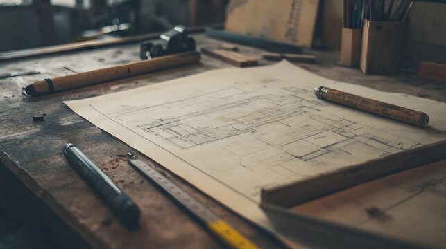 21. A detailed shot of construction plans spread out on a table, with rulers and pens nearby