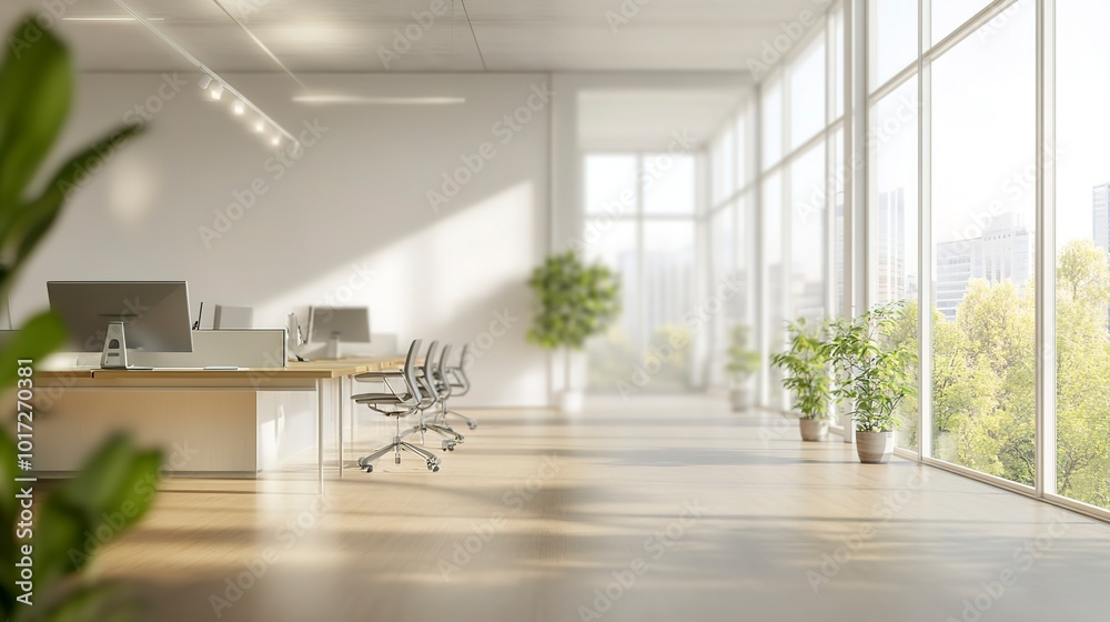 Canvas Prints Beautiful blurred background of a bright modern office interior with panoramic windows and beautiful lighting mockup 