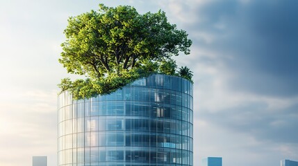 Modern eco city sustainable glass office building incorporating tree for carbon dioxide reduction  