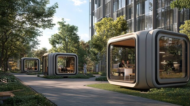 Office building exterior, showing multiple small office pods with sharp corners outside an office area.  