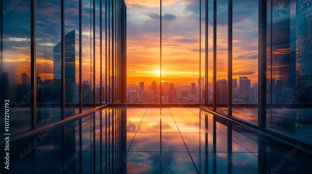 Poster Modern office building with reflection in the City downtown at sunset, urban architecture concept  