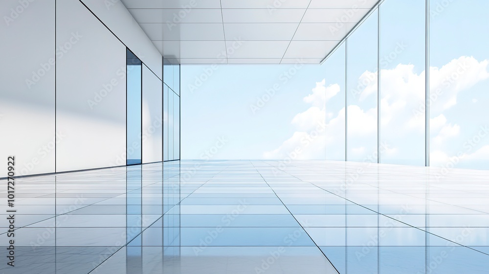 Poster empty glass floor of modern office building and blue sky.  