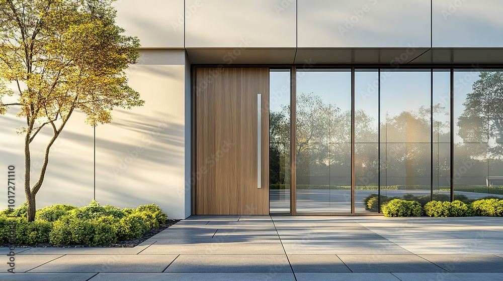 Sticker Modern corporate office building exterior with large glass wall, wooden door, and sleek metal handle, ready for an important business meeting.  