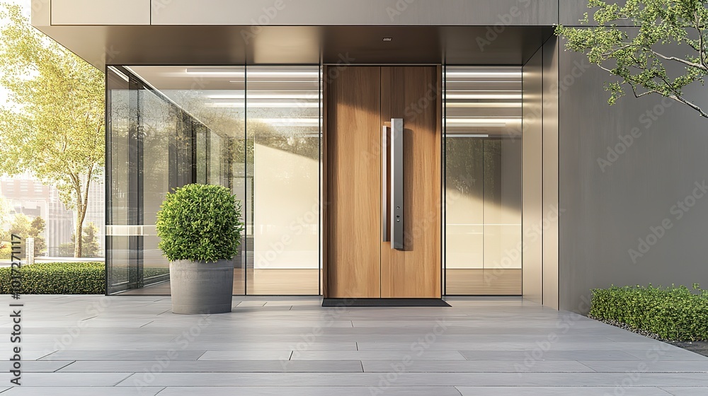 Wall mural Modern corporate office building exterior with large glass wall, wooden door, and sleek metal handle, ready for an important business meeting.  