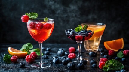 Drinks and Cocktails with Berries on Dark Background