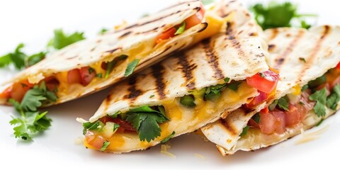 Delicious Grilled Quesadillas Filled with Cheese, Vegetables, Cilantro, Isolated on White Background, Mexican Cuisine Concept