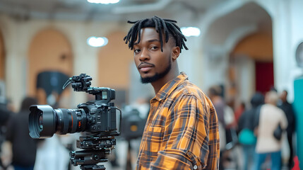 A man with dreadlocks stands beside a camera in a busy setting.