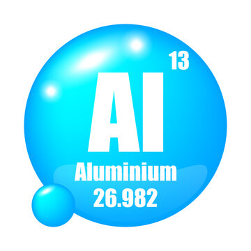 Aluminium element icon. Atomic number 13. Atomic mass 26.982. Blue spherical shape.
