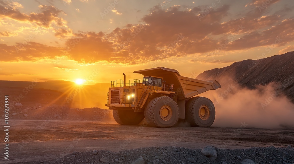 Poster Earthmover operating on a construction site at sunset. 